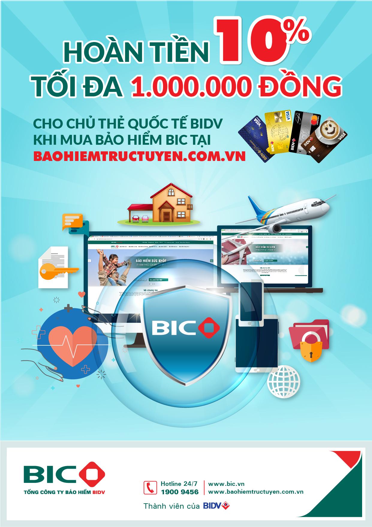 Hoàn tiền tới 1.000.000 đồng cho chủ thẻ BIDV mua bảo hiểm BIC trực tuyến